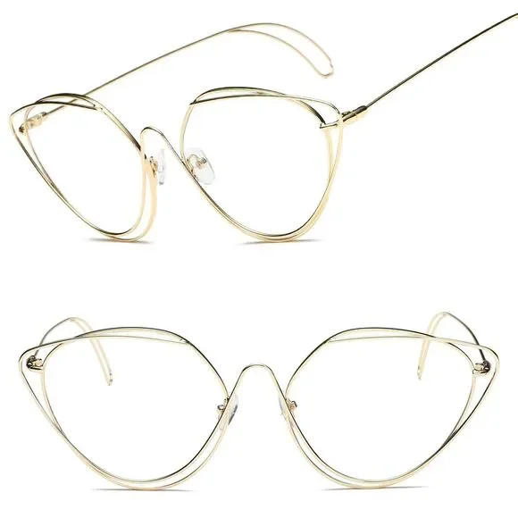Sophisticated Look Womens Gold Thin Wire Frame Cat Eye Clear Lens Glasses - Picture 1 of 3